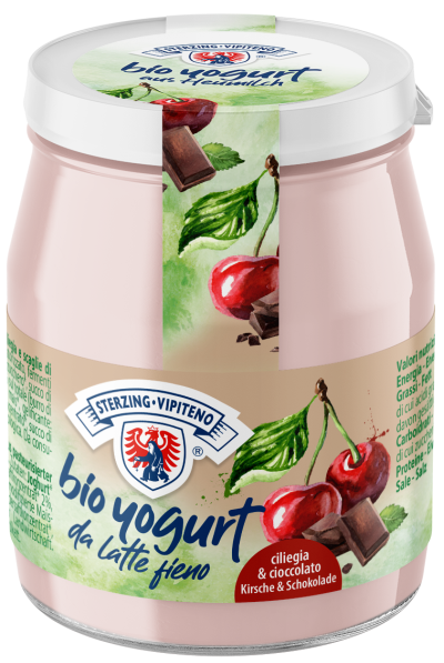 Jogurt Wiśniowy z Kawałkami Czekolady z Mleka Siennego Bezglutenowy BIO  (Słoik) - Sterzing (3 szt x 150 g)